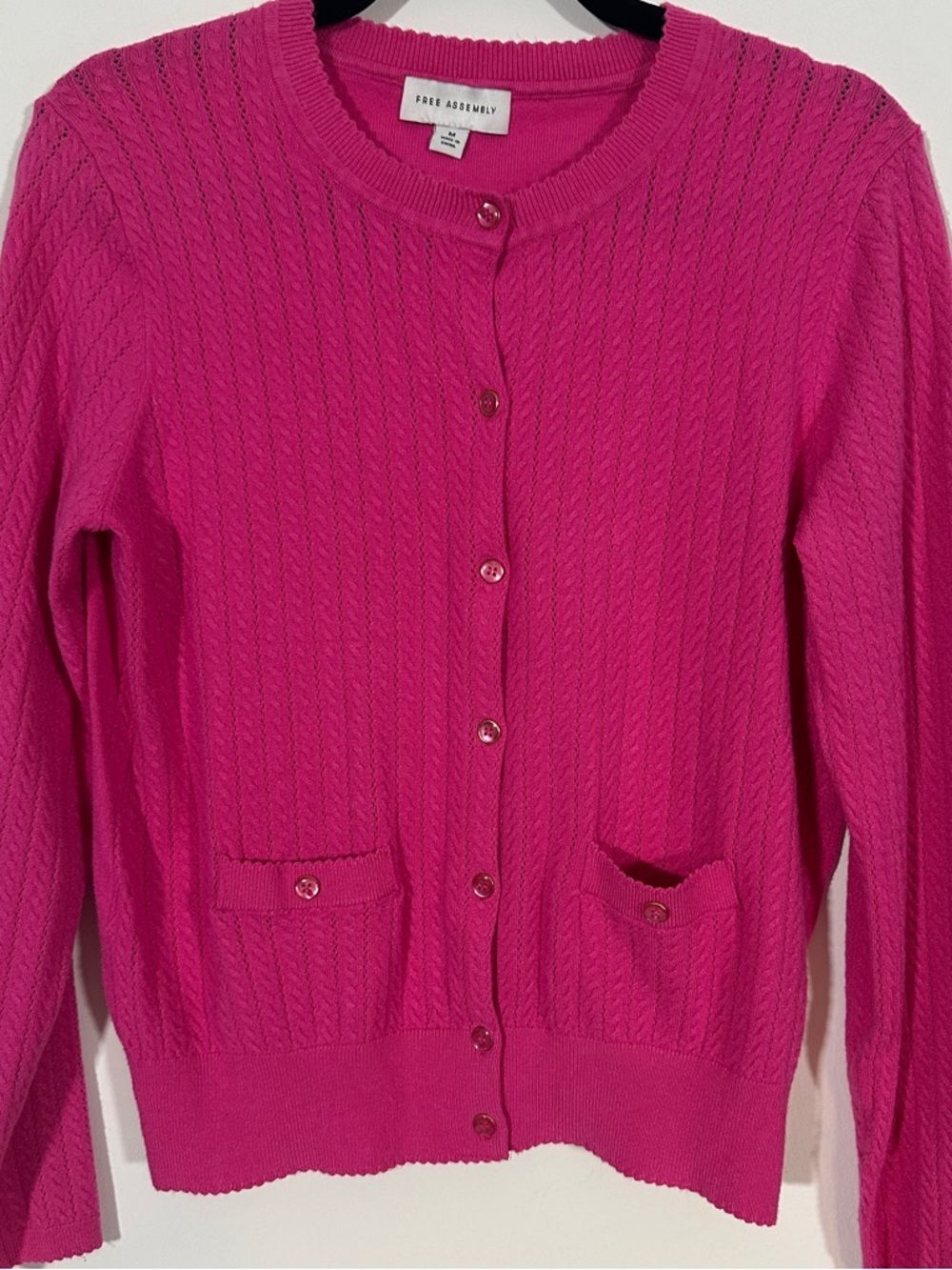 Free Assembly Hot Pink Pointelle Cardigan Sweater Button Preppy Cottagecore M